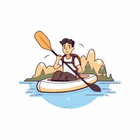 Téléchargez les illustrations : Un homme pagayant en kayak sur le lac. Illustration vectorielle plate. - en licence libre de droit
