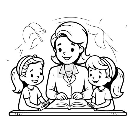 Téléchargez les illustrations : Illustration noir et blanc de la mère lisant un livre à ses enfants Coloriage livre - en licence libre de droit