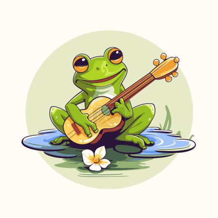 Téléchargez les illustrations : Grenouille jouant de la guitare dans l'étang. Illustration vectorielle de dessin animé. - en licence libre de droit