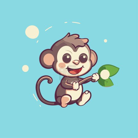Téléchargez les illustrations : Mignon singe tenant une feuille. Illustration vectorielle de dessin animé animal. - en licence libre de droit