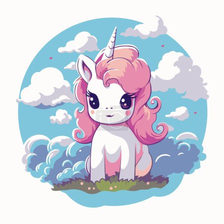 Ilustración de Lindo unicornio de dibujos animados con pelo rosa en las nubes. Ilustración vectorial. - Imagen libre de derechos