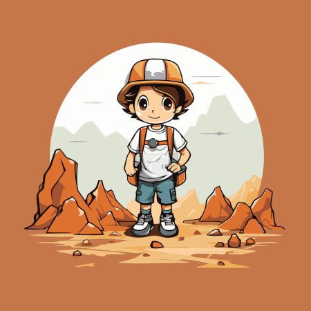 Ilustración de Lindo niño con mochila de pie en el desierto. Ilustración vectorial. - Imagen libre de derechos
