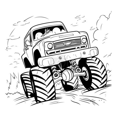 Off-road car on the road. Black and white vector illustration