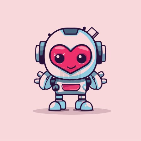 Téléchargez les illustrations : Robot de dessin animé mignon avec écouteurs. Illustration vectorielle dans un style plat. - en licence libre de droit