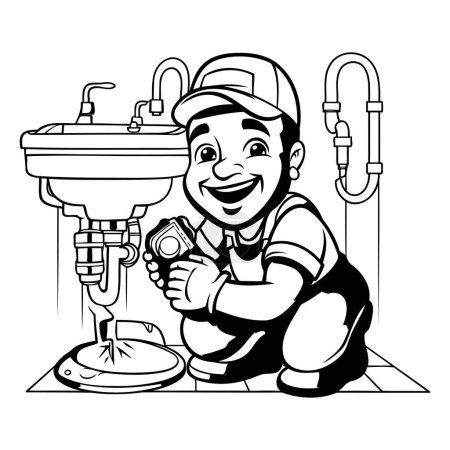 Illustration for Plumber in the bathroom. Black and white vector illustration for coloring book. - Royalty Free Image