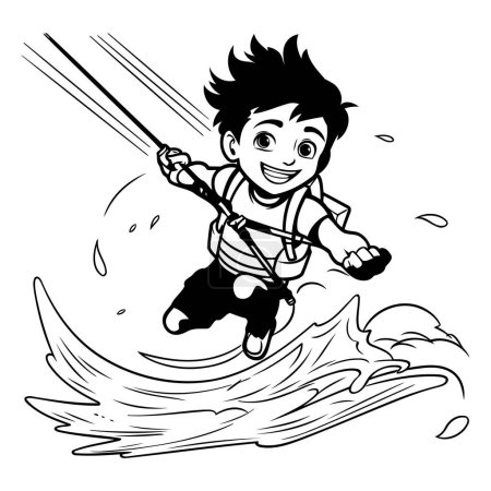 Téléchargez les illustrations : Kiteboarding - illustration vectorielle en noir et blanc d'un garçon sautant sur un jet ski. - en licence libre de droit