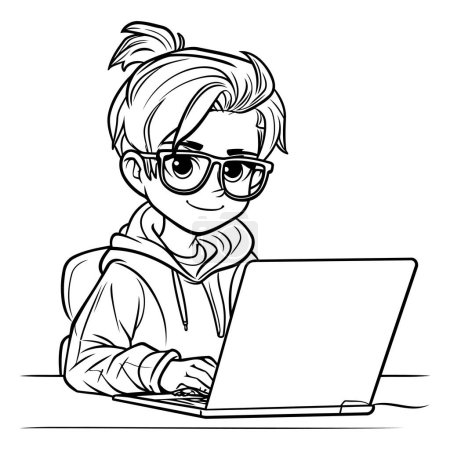Illustration for Vector illustration of a young woman with glasses working on a laptop. - Royalty Free Image