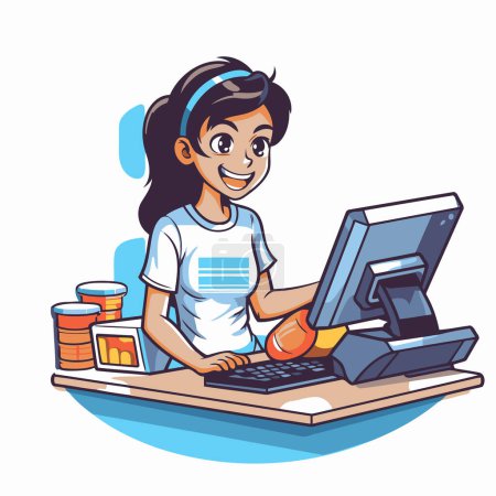 Téléchargez les illustrations : Illustration vectorielle d'une adolescente étudiant à la maison. assis à un ordinateur. - en licence libre de droit