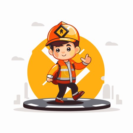 Téléchargez les illustrations : Pompier de bande dessinée debout sur la route. Illustration vectorielle dans un style plat. - en licence libre de droit
