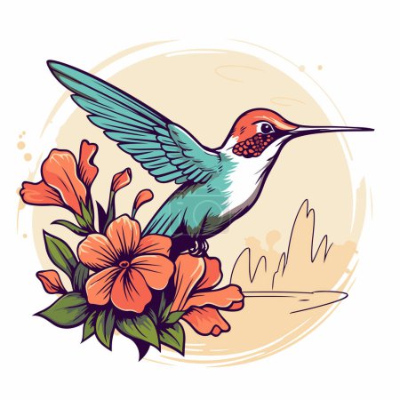 Téléchargez les illustrations : Colibri aux fleurs. Illustration vectorielle d'un colibri aux fleurs. - en licence libre de droit