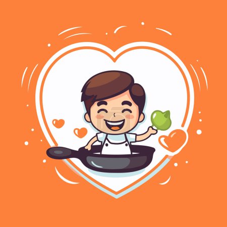 Illustration for Cute boy cooking with pan and heart shape vector illustration design. - Royalty Free Image