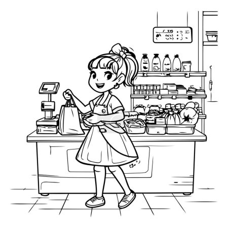 Illustration for Cartoon illustration of a girl shopping in a supermarket or store. - Royalty Free Image
