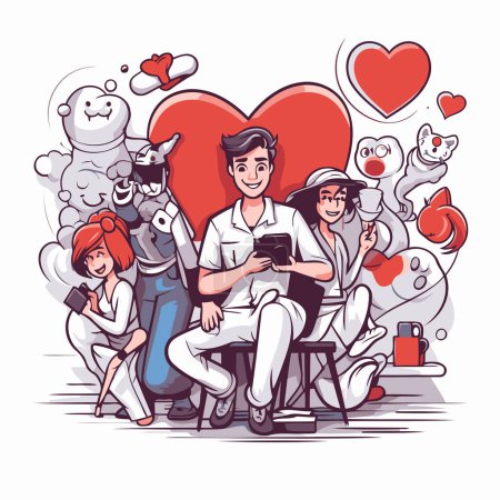 Téléchargez les illustrations : Couple amoureux. homme et femme assis sur une chaise avec téléphone portable. Illustration vectorielle - en licence libre de droit