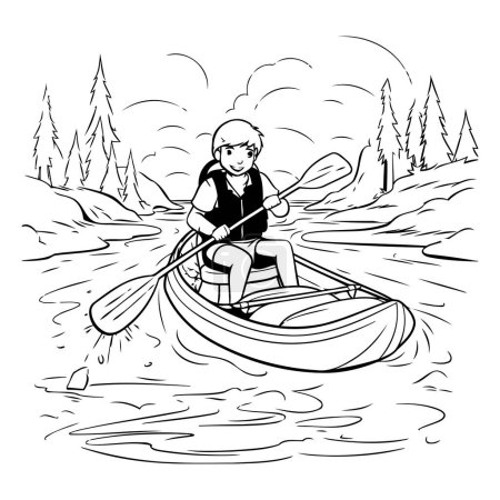 Téléchargez les illustrations : Illustration d'un homme pagayant en kayak dans la forêt - en licence libre de droit