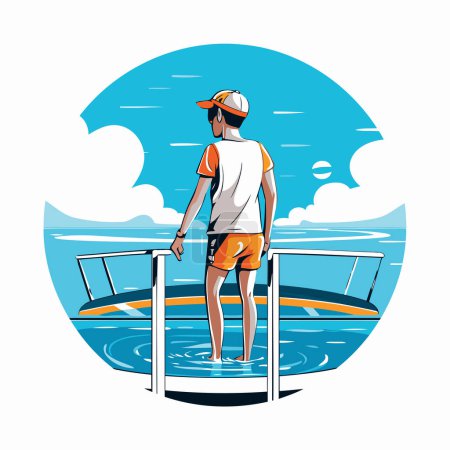 Téléchargez les illustrations : Un homme debout sur le pont d'un yacht. Illustration vectorielle dans le style dessin animé. - en licence libre de droit