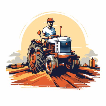 Ilustración de Agricultor con tractor en la carretera. Ilustración vectorial de un agricultor en un tractor. - Imagen libre de derechos