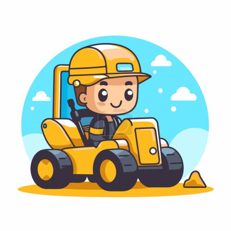 Téléchargez les illustrations : Joli petit garçon conduisant un tracteur. Illustration vectorielle de dessin animé plat. - en licence libre de droit