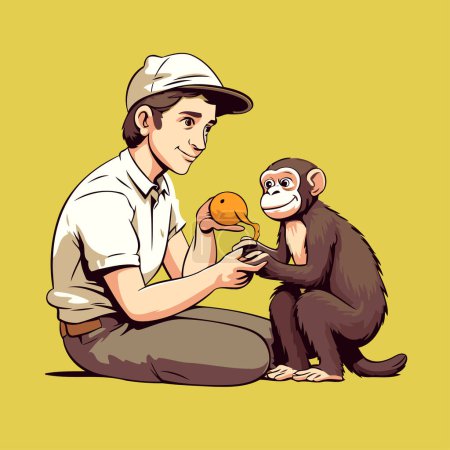 Ilustración de Un hombre alimenta a un mono. Ilustración vectorial sobre fondo amarillo. - Imagen libre de derechos