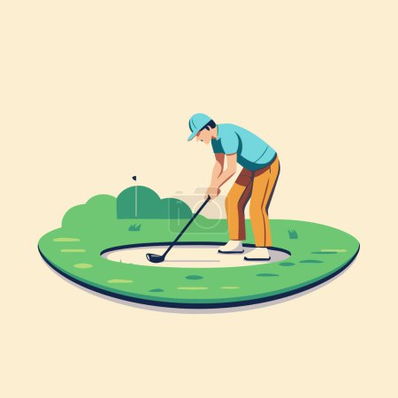 Téléchargez les illustrations : Golfeur sur terrain de golf. Illustration vectorielle en style plat. - en licence libre de droit