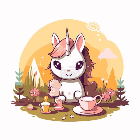 Illustration for Cute cartoon unicorn with cup of tea. Vector illustration in a flat style. - Royalty Free Image