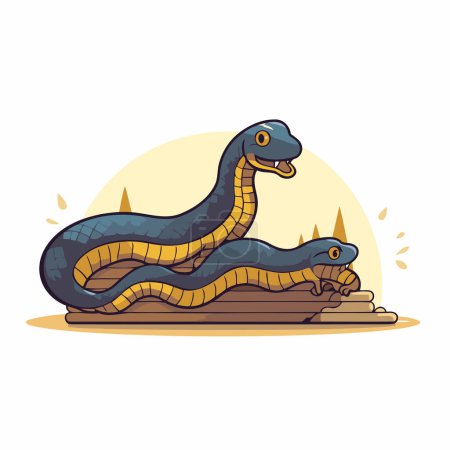 Téléchargez les illustrations : Mignon serpent de dessin animé sur la pierre. Illustration vectorielle pour votre design - en licence libre de droit