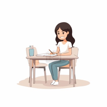 Illustration for Teenage girl sitting at the table and writing in notebook vector Illustration - Royalty Free Image
