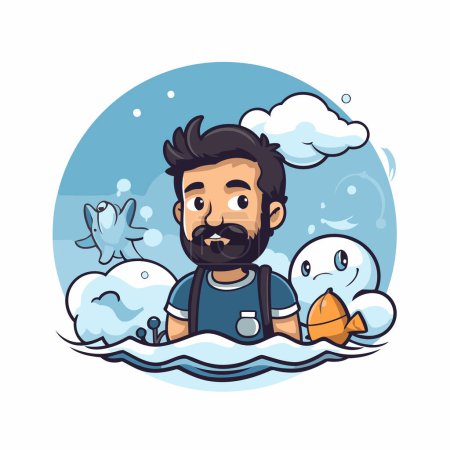 Téléchargez les illustrations : Homme dessin animé drôle avec barbe et moustache sur la mer. Illustration vectorielle. - en licence libre de droit