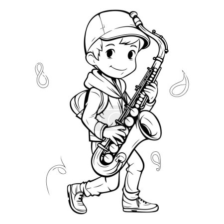 Téléchargez les illustrations : Garçon jouant saxophone illustration vectorielle noir et blanc pour livre à colorier - en licence libre de droit