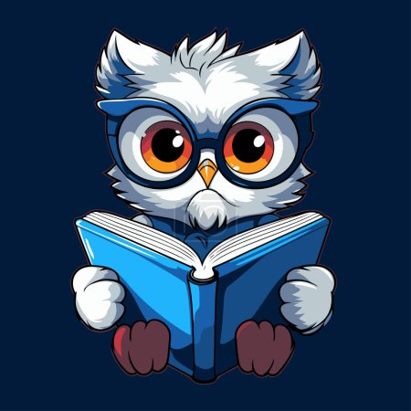 Illustration for Cute owl reading a book. Vector illustration on a blue background. - Royalty Free Image