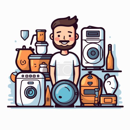 Téléchargez les illustrations : Homme avec une barbe et un ensemble d'appareils ménagers. Illustration vectorielle. - en licence libre de droit