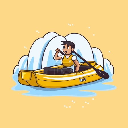 Illustration for Man in kayak. Vector illustration in cartoon style. Isolated on yellow background. - Royalty Free Image