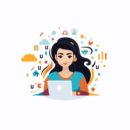 Illustration for Vector illustration of young woman working on laptop. Flat style design. - Royalty Free Image