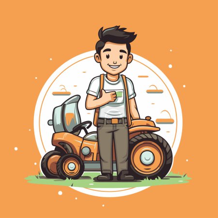 Téléchargez les illustrations : Fermier avec un tracteur. Illustration vectorielle en style dessin animé sur fond orange. - en licence libre de droit
