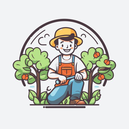 Téléchargez les illustrations : Illustration vectorielle de fermier heureux en chapeau et tablier travaillant dans le jardin - en licence libre de droit