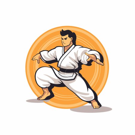 Karate-Mann im Kimono. Vektorabbildung auf weißem Hintergrund.
