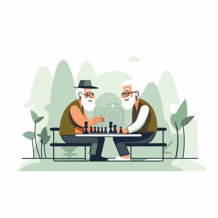 Grandfather and grandson playing chess in the park. Vector illustration in flat style
