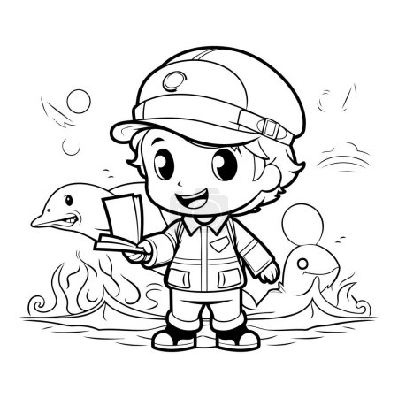 Ilustración de Dibujos animados en blanco y negro Ilustración del personaje del bombero del niño pequeño para colorear Libro - Imagen libre de derechos
