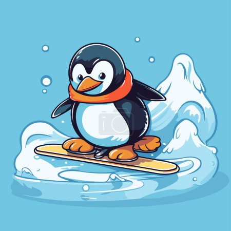 Téléchargez les illustrations : Mignon pingouin sur un snowboard. Illustration vectorielle de bande dessinée. - en licence libre de droit