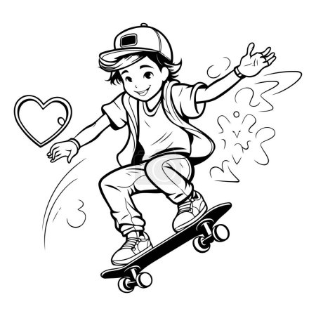 Boy riding skateboard. Black and white vector illustration for coloring book.