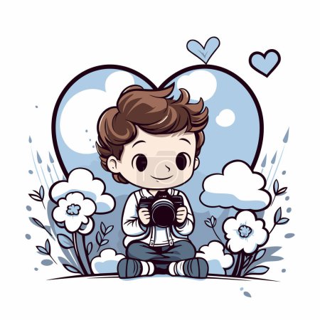Illustration for Cute boy with camera sitting on the grass. Vector illustration. - Royalty Free Image