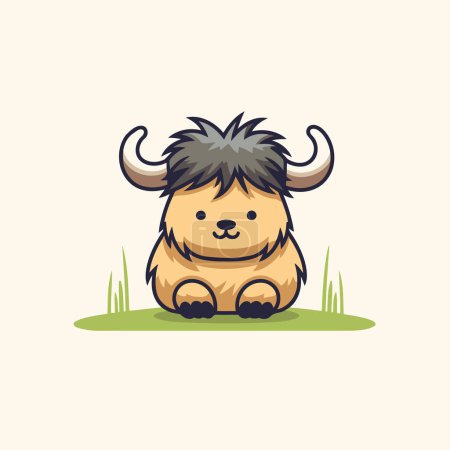 Téléchargez les illustrations : Illustration vectorielle d'un joli petit yak assis sur l'herbe. Cartoon style. - en licence libre de droit