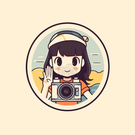 Illustration for Cute cartoon girl with camera. vector illustration in a circle. - Royalty Free Image