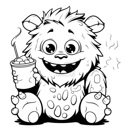 Ilustración de Ilustración de dibujos animados en blanco y negro de lindo bebé oso bebiendo libro para colorear - Imagen libre de derechos