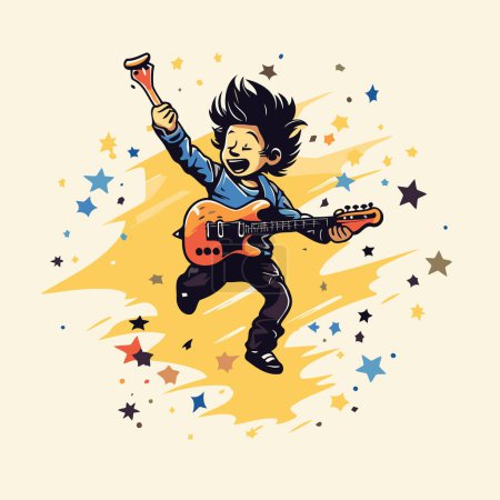 Téléchargez les illustrations : Illustration vectorielle d'un musicien rock jouant de la guitare électrique dans le ciel étoilé. - en licence libre de droit