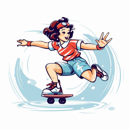 Vector illustration of a girl in roller skates on a skateboard.
