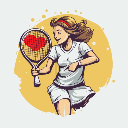 Ilustración de Jugadora de tenis con raqueta y pelota. Ilustración vectorial en estilo retro. - Imagen libre de derechos