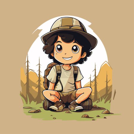 Téléchargez les illustrations : Joli petit explorateur assis dans la forêt. Illustration vectorielle. - en licence libre de droit