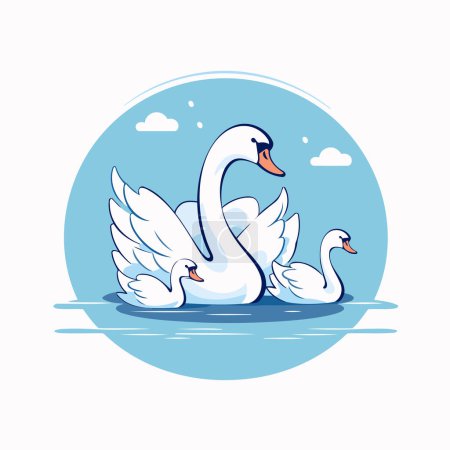 Téléchargez les illustrations : Deux cygnes nageant dans l'eau. Illustration vectorielle en style plat - en licence libre de droit