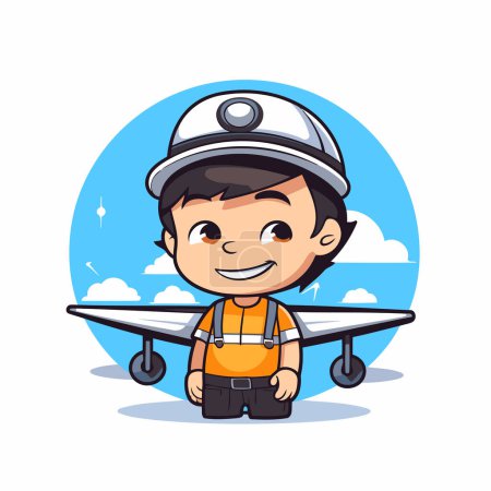 Illustration for Cute boy pilot with airplane over white background. Vector illustration. - Royalty Free Image