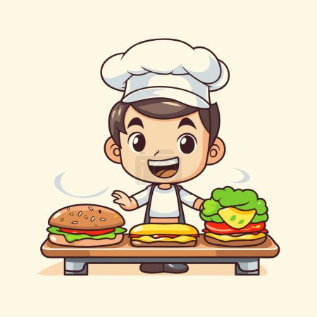 Illustration for Chef and Hamburger - Cute Cartoon Style Vector Illustration - Royalty Free Image